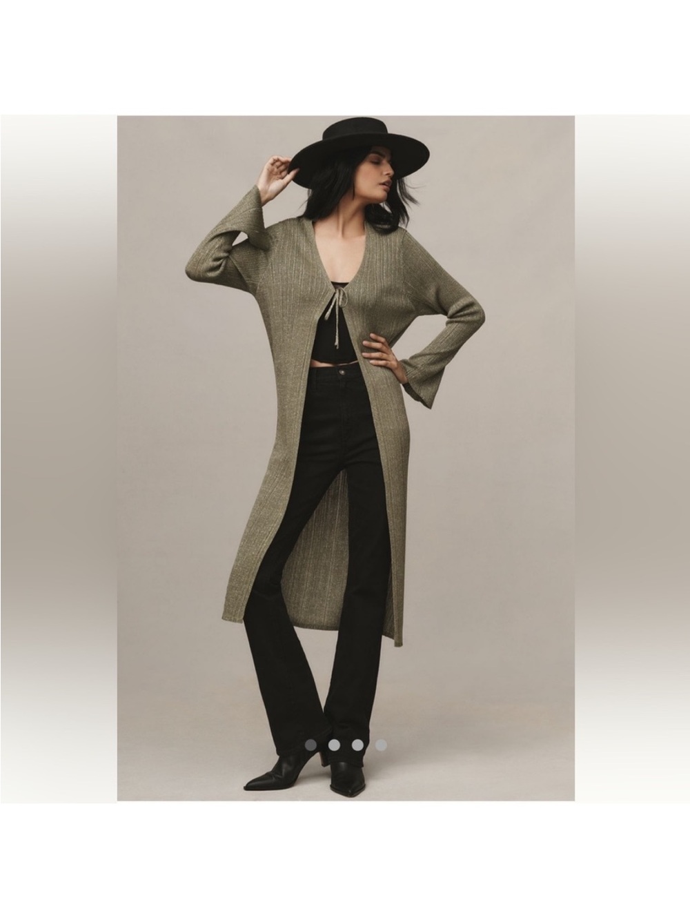 Anthropologie Shimmering Tie-Front Ribbed Cardigan in Olive Green